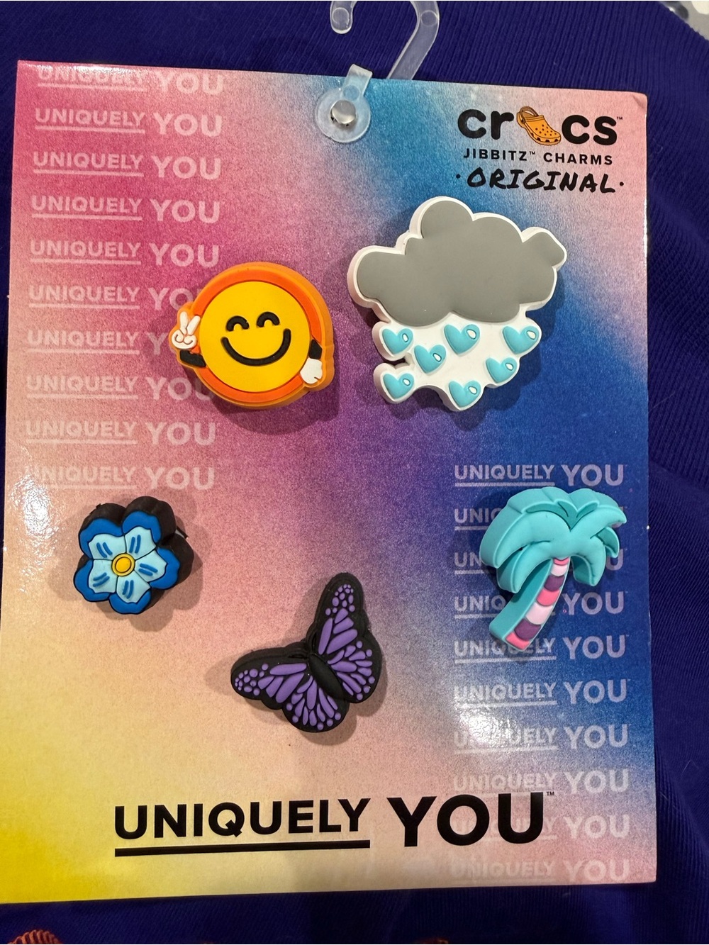 Jibbitz Crocs Charms Yellow Smile, Gray Cloud, Blue Palm, Purple Butterfly
